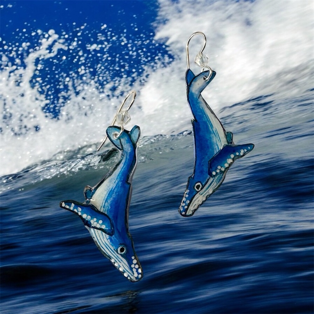 Hand made humpback whale earrings, sterling silver wires, lightweight, unique